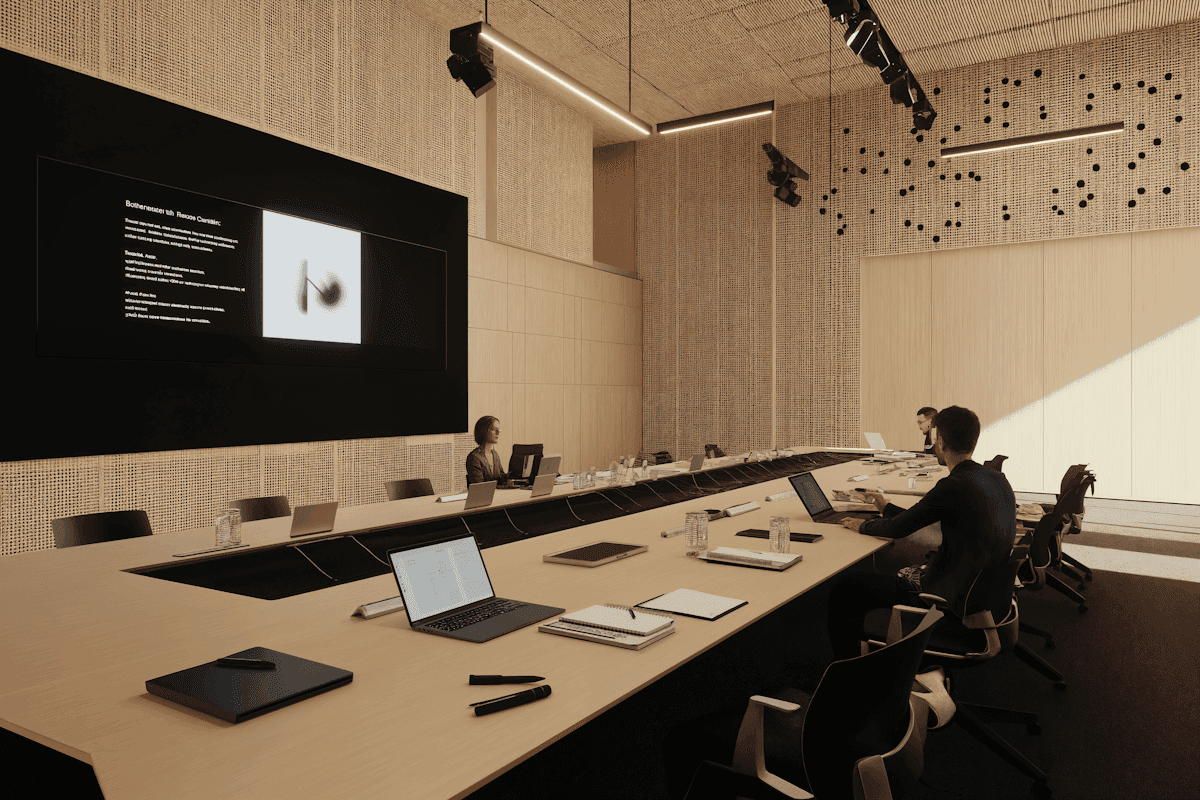 Sala riunioni moderna con tavolo, portatili e schermo.