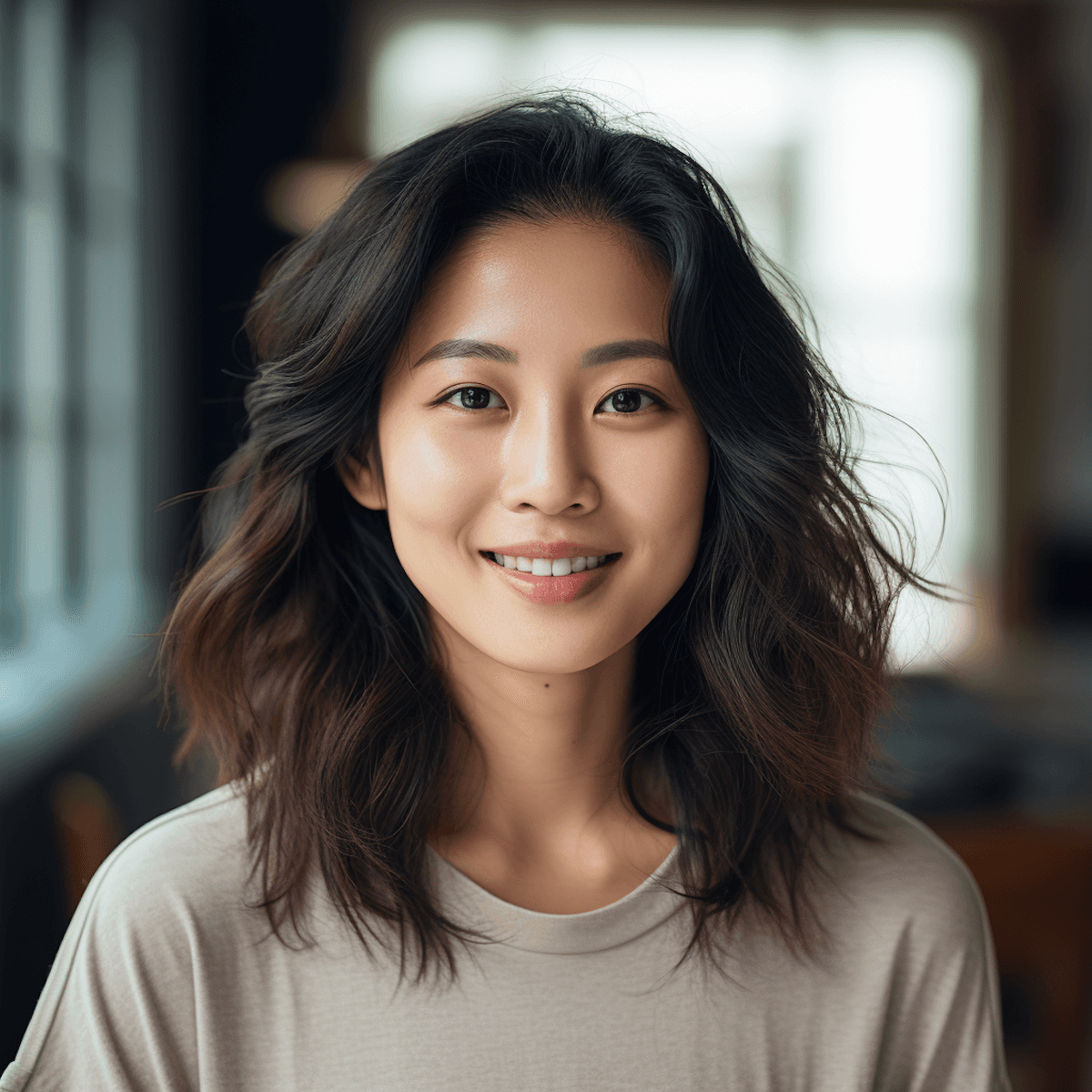 A young Asian woman smiles joyfully in a portrait, highlighting her cheerful personality and engaging presence.