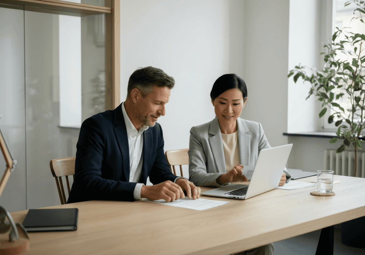 Professionisti che lavorano insieme al computer durante un incontro.